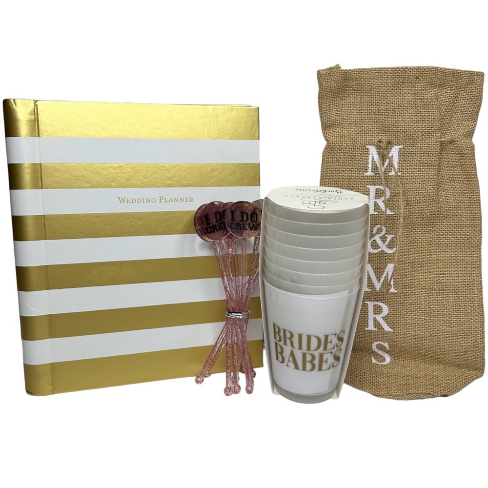 BRIDE BUNDLE Wedding planner, Mr Mrs Burlap Wine Bag Bachelorette Cups Stirrers